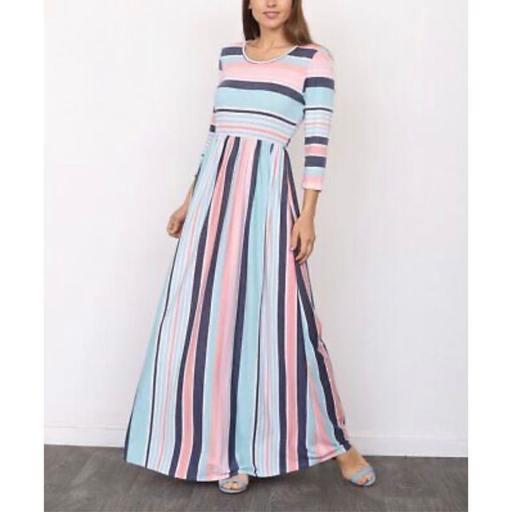 EGS by Eloges Woman Pink & Blue Stripe Short Sleeve Maxi Dress, S…